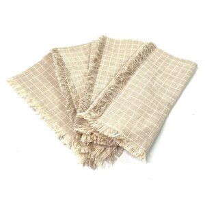 Juliska Windowpane Flax Napkins Set of 4 Tan White Check 22x22 Fringe Summer